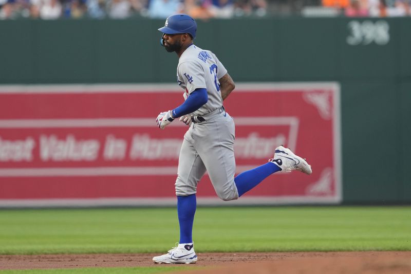 Jul 18, 2023; Baltimore, Maryland, USA; Los Angeles Dodgers outfielder Jason Hayward (23) rounds the bases following his three run home run in the second inning against the Baltimore Orioles at Oriole Park at Camden Yards. Mandatory Credit: Mitch Stringer-USA TODAY Sports