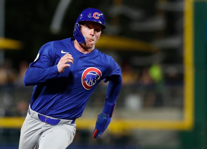 Aug 27, 2024; Pittsburgh, Pennsylvania, USA;  Chicago Cubs center fielder Pete Crow-Armstrong (52) runs the bases against the Pittsburgh Pirates during the fifth inning at PNC Park. Mandatory Credit: Charles LeClaire-USA TODAY Sports