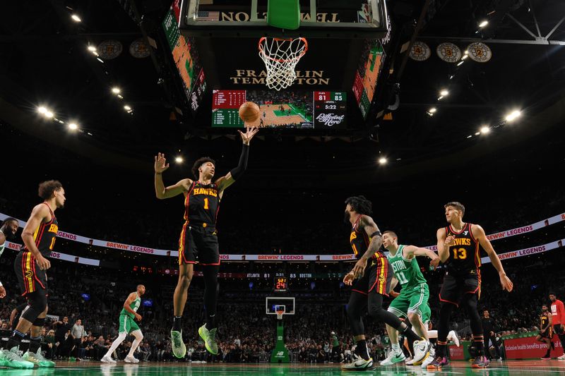 BOSTON, MA - FEBRUARY 7: Jalen Johnson #1 of the Atlanta Hawks rebounds the ball during the game against the Boston Celtics on February 7, 2024 at the TD Garden in Boston, Massachusetts. NOTE TO USER: User expressly acknowledges and agrees that, by downloading and or using this photograph, User is consenting to the terms and conditions of the Getty Images License Agreement. Mandatory Copyright Notice: Copyright 2024 NBAE  (Photo by Brian Babineau/NBAE via Getty Images)