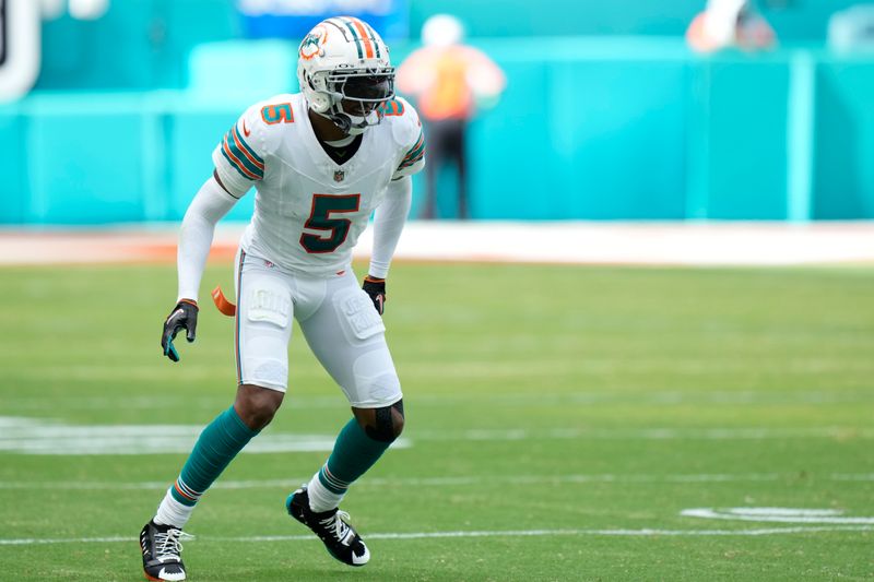 Miami Dolphins cornerback Jalen Ramsey is shown during the first half of an NFL football game against the New England Patriots, Sunday, Oct. 29, 2023, in Miami Gardens, Fla. (AP Photo/Wilfredo Lee)