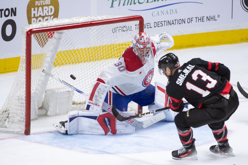 Apr 13, 2024; Ottawa, Ontario, CAN; Montreal Canadiens goalie Cayden Primeau (30) makes a save on a shot from Ottawa Senators left wing Jiri Smejkal (13) in the third period at the Canadian Tire Centre. Mandatory Credit: Marc DesRosiers-USA TODAY Sports