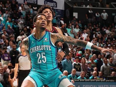 CHARLOTTE, NC - OCTOBER 25: P.J. Washington #25 of the Charlotte Hornets boxes out during the game against the Atlanta Hawks on October 25, 2023 at Spectrum Center in Charlotte, North Carolina. NOTE TO USER: User expressly acknowledges and agrees that, by downloading and or using this photograph, User is consenting to the terms and conditions of the Getty Images License Agreement. Mandatory Copyright Notice: Copyright 2023 NBAE (Photo by Kent Smith/NBAE via Getty Images)