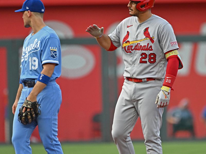 Aug 12, 2023; Kansas City, Missouri, USA;  St. Louis Cardinals third baseman Nolan Arenado (28) reacts after hitting an RBI double in the third inning against the Kansas City Royals at Kauffman Stadium. Mandatory Credit: Peter Aiken-USA TODAY Sports