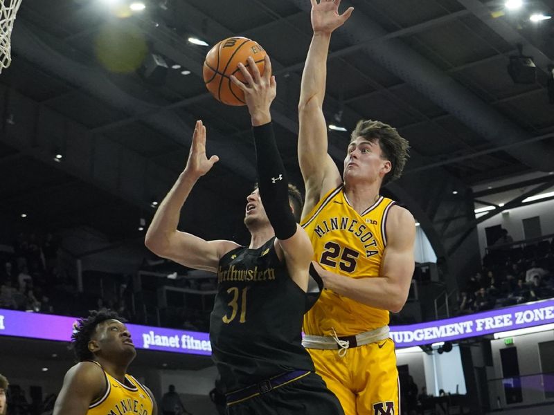 Jan 28, 2023; Evanston, Illinois, USA; Minnesota Golden Gophers guard Will Ramberg (25) defends Northwestern Wildcats forward Robbie Beran (31) during the second half at Welsh-Ryan Arena. Mandatory Credit: David Banks-USA TODAY Sports
