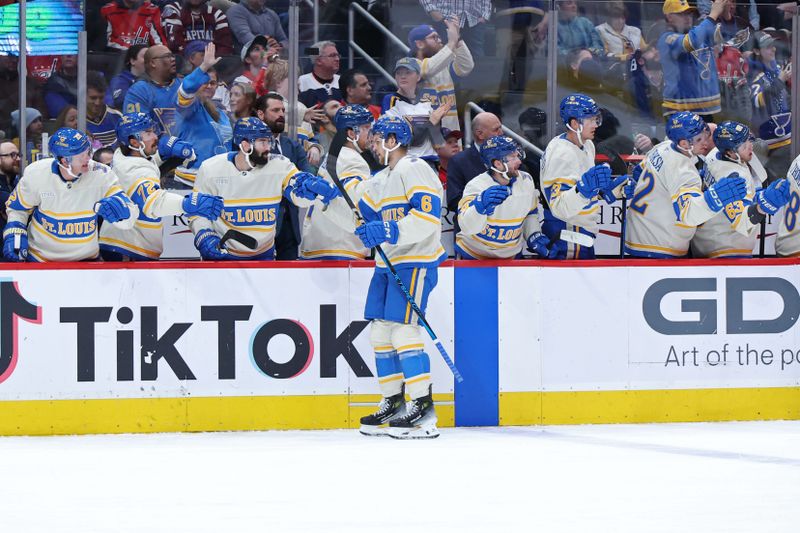 Feb 27, 2025; Washington, District of Columbia, USA; St. Louis Blues defenseman Philip Broberg (6) celebrates after scoring a goal against the Washington Capitals in the first period at Capital One Arena. Mandatory Credit: Geoff Burke-Imagn Images