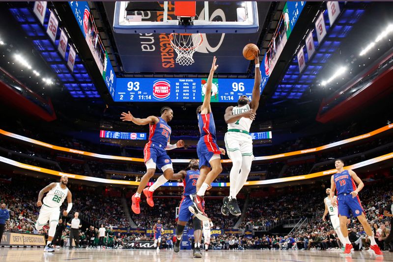 DETROIT, MI - OCTOBER 26: Jaylen Brown #7 of the Boston Celtics shoots the ball during the game against the Detroit Pistons  during a regular season game on October 26, 2024 at Little Caesars Arena in Detroit, Michigan. NOTE TO USER: User expressly acknowledges and agrees that, by downloading and/or using this photograph, User is consenting to the terms and conditions of the Getty Images License Agreement. Mandatory Copyright Notice: Copyright 2024 NBAE (Photo by Brian Sevald/NBAE via Getty Images)
