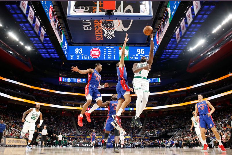 DETROIT, MI - OCTOBER 26: Jaylen Brown #7 of the Boston Celtics shoots the ball during the game against the Detroit Pistons  during a regular season game on October 26, 2024 at Little Caesars Arena in Detroit, Michigan. NOTE TO USER: User expressly acknowledges and agrees that, by downloading and/or using this photograph, User is consenting to the terms and conditions of the Getty Images License Agreement. Mandatory Copyright Notice: Copyright 2024 NBAE (Photo by Brian Sevald/NBAE via Getty Images)