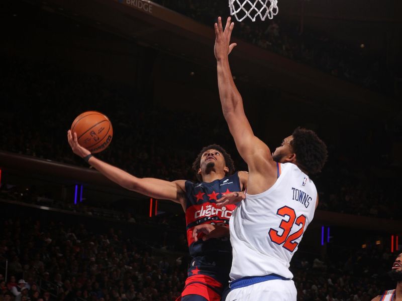 NEW YORK, NY - NOVEMBER 18:  Jordan Poole #13 of the Washington Wizards drives to the basket during the game against the New York Knicks on November 18, 2024 at Madison Square Garden in New York City, New York.  NOTE TO USER: User expressly acknowledges and agrees that, by downloading and or using this photograph, User is consenting to the terms and conditions of the Getty Images License Agreement. Mandatory Copyright Notice: Copyright 2024 NBAE  (Photo by Nathaniel S. Butler/NBAE via Getty Images)