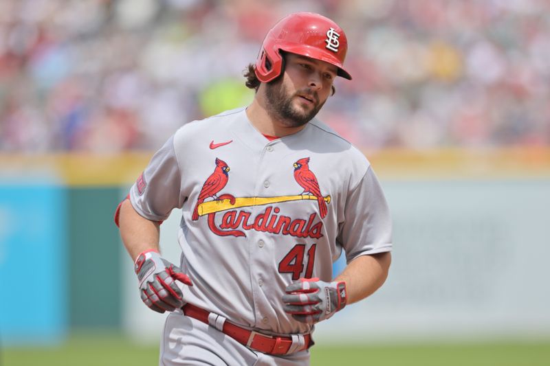 May 28, 2023; Cleveland, Ohio, USA; St. Louis Cardinals left fielder Alec Burleson (41) rounds the bases after hitting a home run during the fifth inning against the Cleveland Guardians at Progressive Field. Mandatory Credit: Ken Blaze-USA TODAY Sports