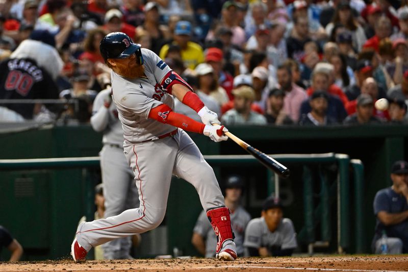 Aug 16, 2023; Washington, District of Columbia, USA; Boston Red Sox shortstop Trevor Story (10) singles against the Washington Nationalsduring the fourth inning at Nationals Park. Mandatory Credit: Brad Mills-USA TODAY Sports