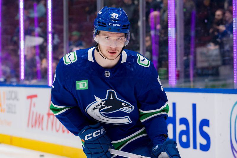 Mar 9, 2024; Vancouver, British Columbia, CAN; Vancouver Canucks forward Vasily Podkolzin (92) skates during warm up prior to a game against the Winnipeg Jets at Rogers Arena. Mandatory Credit: Bob Frid-USA TODAY Sports