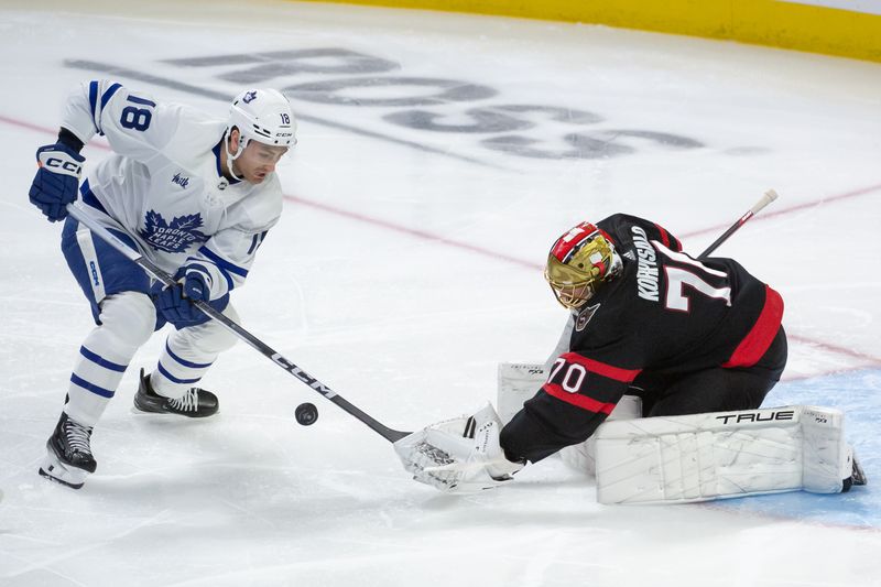 Feb 10, 2024; Ottawa, Ontario, CAN; Ottawa Senators goalie Joonas Korpisalo (70) makes a save on a shot from Toronto Maple Leafs center Noah Gregor (18) in the third period at the Canadian Tire Centre. Mandatory Credit: Marc DesRosiers-USA TODAY Sports