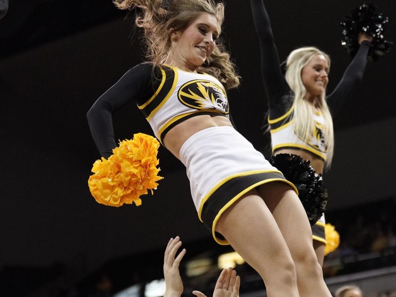 Dec 4, 2022; Columbia, Missouri, USA; The Missouri Tigers cheerleaders perform against the Southeast Missouri State Redhawks during the second half at Mizzou Arena. Mandatory Credit: Denny Medley-USA TODAY Sports