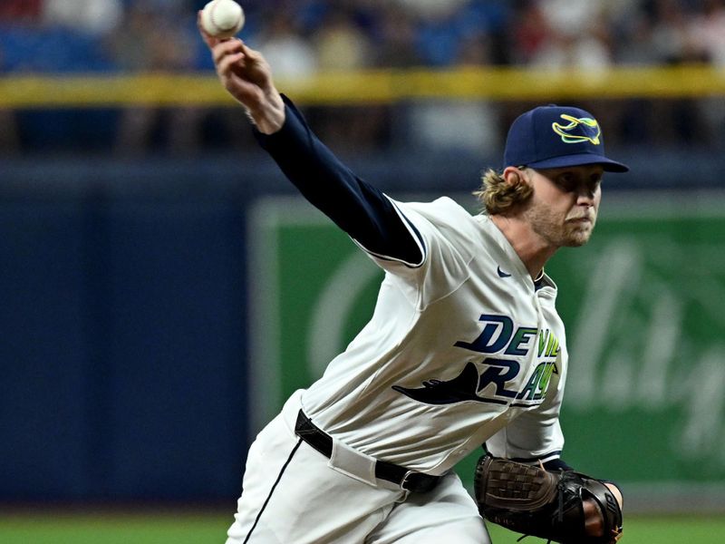 Jul 26, 2024; St. Petersburg, Florida, USA; Tampa Bay Rays starting pitcher Shane Biaz (11) throws a pitch in the first inning against the Cincinnati Reds at Tropicana Field. Mandatory Credit: Jonathan Dyer-USA TODAY Sports