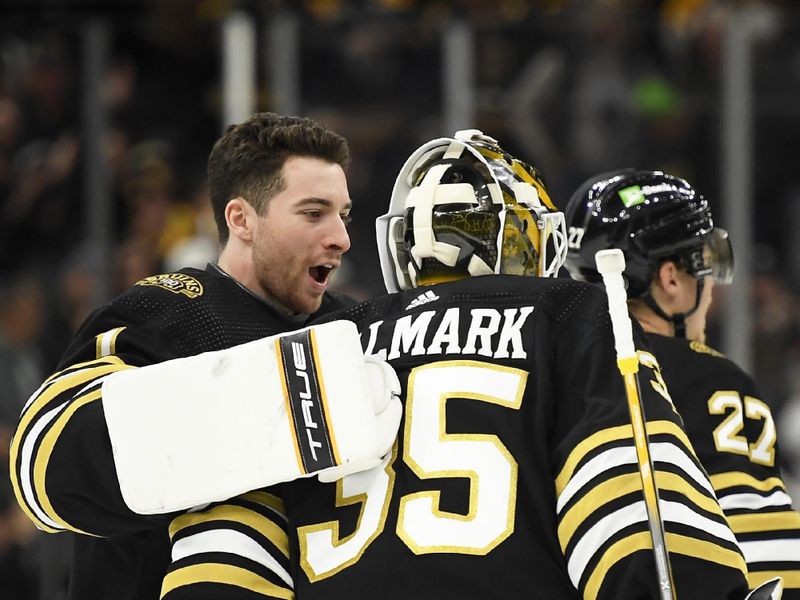 Apr 6, 2024; Boston, Massachusetts, USA; Boston Bruins goaltender Jeremy Swayman (1) celebrates with goaltender Linus Ullmark (35) after defeating the Florida Panthers in overtime at TD Garden. Mandatory Credit: Bob DeChiara-USA TODAY Sports