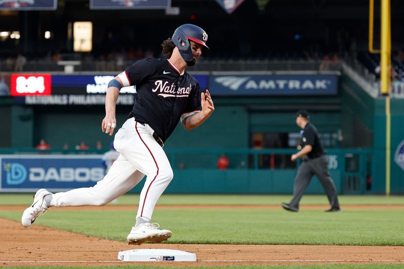 Jun 4, 2024; Washington, District of Columbia, USA; Washington Nationals outfielder Jesse Winker (6) rounds third base en route to scoring a run against the New York Mets during the fifth inning at Nationals Park. Mandatory Credit: Geoff Burke-USA TODAY Sports