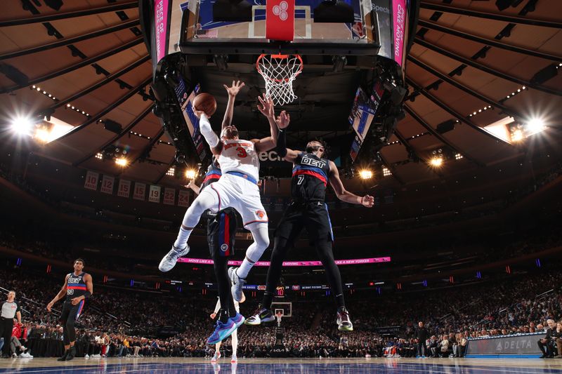 NEW YORK, NY - MARCH 25:  Josh Hart #3 of the New York Knicks drives to the basket during the game against the Detroit Pistons on March 25, 2024 at Madison Square Garden in New York City, New York.  NOTE TO USER: User expressly acknowledges and agrees that, by downloading and or using this photograph, User is consenting to the terms and conditions of the Getty Images License Agreement. Mandatory Copyright Notice: Copyright 2024 NBAE  (Photo by David L. Nemec /NBAE via Getty Images)