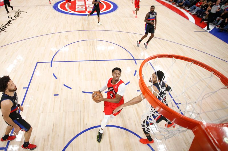 DETROIT, MI - JANUARY 11: RJ Barrett #9 of the Toronto Raptors drives to the basket during the game against the Detroit Pistons on January 11, 2025 at Little Caesars Arena in Detroit, Michigan. NOTE TO USER: User expressly acknowledges and agrees that, by downloading and/or using this photograph, User is consenting to the terms and conditions of the Getty Images License Agreement. Mandatory Copyright Notice: Copyright 2025 NBAE (Photo by Brian Sevald/NBAE via Getty Images)