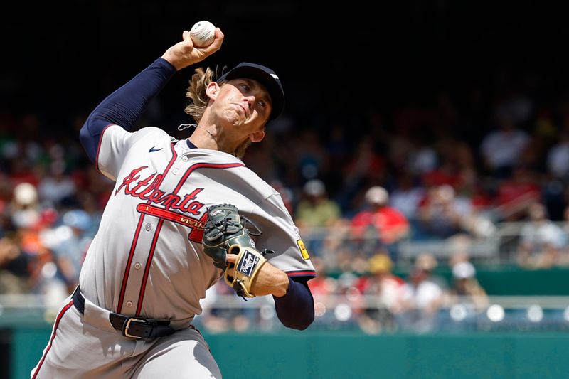 Jun 9, 2024; Washington, District of Columbia, USA; Atlanta Braves starting pitcher Hurston Waldrep (30) pitches during his MLB debut against the Washington Nationals during the first inning at Nationals Park. Mandatory Credit: Geoff Burke-USA TODAY Sports