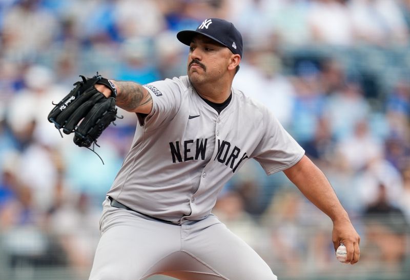 Jun 13, 2024; Kansas City, Missouri, USA; New York Yankees starting pitcher Nestor Cortes (65) pitches during the first inning against the Kansas City Royals at Kauffman Stadium. Mandatory Credit: Jay Biggerstaff-USA TODAY Sports