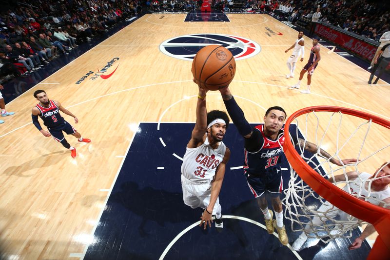 WASHINGTON, DC -? FEBRUARY 7: Kyle Kuzma #33 of the Washington Wizards blocks the shot by Jarrett Allen #31 of the Cleveland Cavaliers during the game on February 7, 2024 at Capital One Arena in Washington, DC. NOTE TO USER: User expressly acknowledges and agrees that, by downloading and or using this Photograph, user is consenting to the terms and conditions of the Getty Images License Agreement. Mandatory Copyright Notice: Copyright 2024 NBAE (Photo by Stephen Gosling/NBAE via Getty Images)