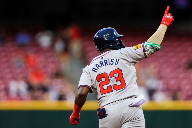 Sep 17, 2024; Cincinnati, Ohio, USA; Atlanta Braves outfielder Michael Harris II (23) reacts after hitting a solo home run in the first inning against the Cincinnati Reds at Great American Ball Park. Mandatory Credit: Katie Stratman-Imagn Images