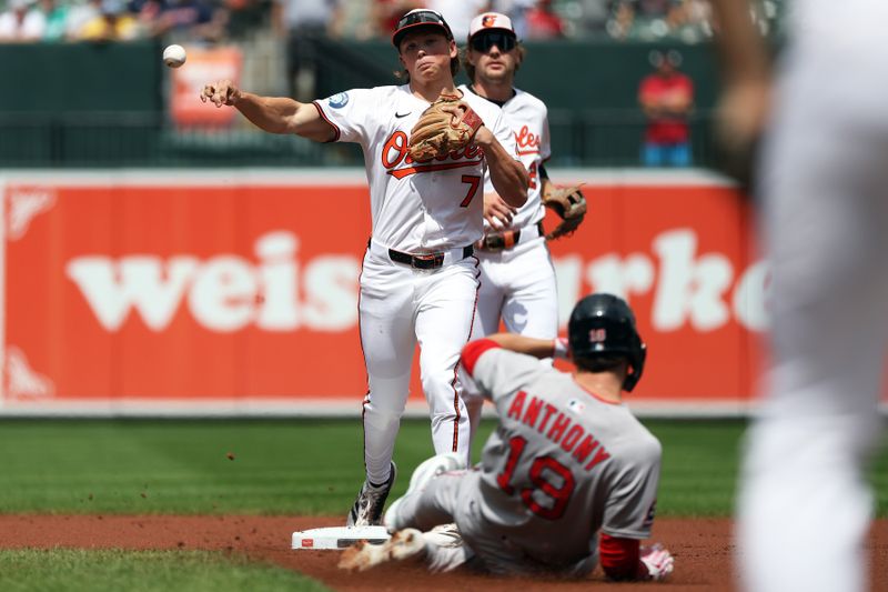 Aug 28, 2025; Baltimore, Maryland, USA; Baltimore Orioles second baseman Jackson Holliday (7) turns a double play as Boston Red Sox outfielder Roman Anthony (19) is out at second during the first inning at Oriole Park at Camden Yards. Mandatory Credit: Daniel Kucin Jr.-Imagn Images