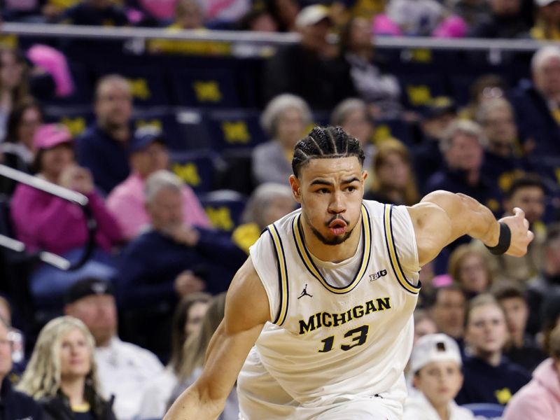 Feb 3, 2024; Ann Arbor, Michigan, USA;  Michigan Wolverines forward Olivier Nkamhoua (13) dribbles in the first half against the Rutgers Scarlet Knights at Crisler Center. Mandatory Credit: Rick Osentoski-USA TODAY Sports