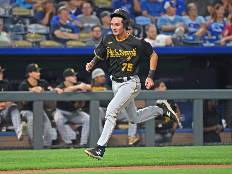 Aug 28, 2023; Kansas City, Missouri, USA;  Pittsburgh Pirates shortstop Alika Williams (75) scores a run in the seventh inning against the Kansas City Royals at Kauffman Stadium. Mandatory Credit: Peter Aiken-USA TODAY Sports