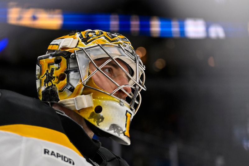 Nov 12, 2024; St. Louis, Missouri, USA;  Boston Bruins goaltender Jeremy Swayman (1) looks on during the second period against the St. Louis Blues at Enterprise Center. Mandatory Credit: Jeff Curry-Imagn Images