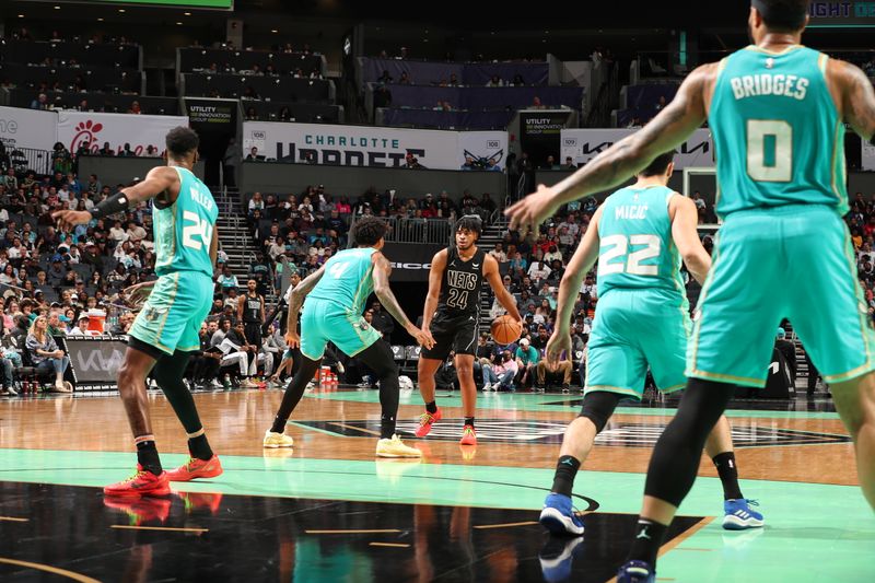 CHARLOTTE, NC - MARCH 9: Cam Thomas #24 of the Brooklyn Nets handles the ball during the game against the Charlotte Hornets on March 9, 2024 at Spectrum Center in Charlotte, North Carolina. NOTE TO USER: User expressly acknowledges and agrees that, by downloading and or using this photograph, User is consenting to the terms and conditions of the Getty Images License Agreement. Mandatory Copyright Notice: Copyright 2024 NBAE (Photo by Kent Smith/NBAE via Getty Images)