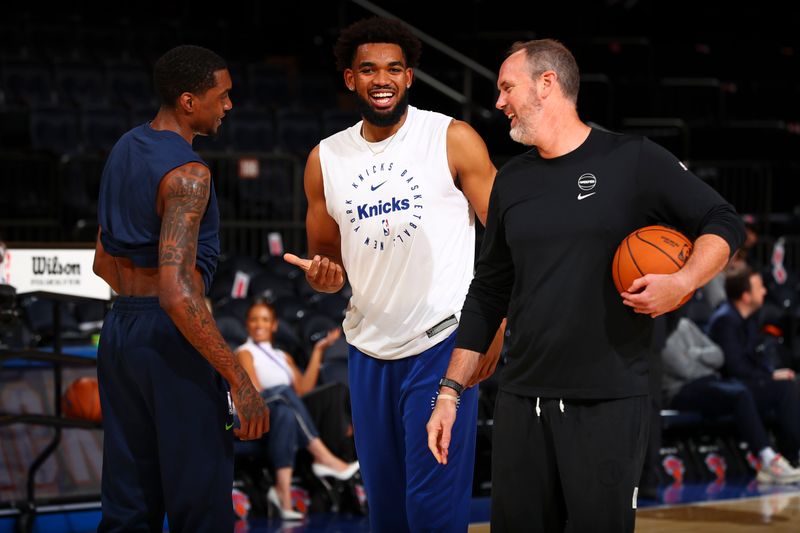 NEW YORK, NY - OCTOBER 13: Karl-Anthony Towns #32 of the New York Knicks smiles before the game on October 13, 2024 at Madison Square Garden in New York City, New York.  NOTE TO USER: User expressly acknowledges and agrees that, by downloading and or using this photograph, User is consenting to the terms and conditions of the Getty Images License Agreement. Mandatory Copyright Notice: Copyright 2024 NBAE  (Photo by David L. Nemec/NBAE via Getty Images)