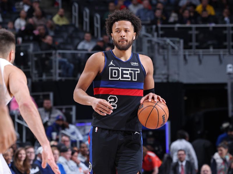 DETROIT, MI - MARCH 1: Cade Cunningham #2 of the Detroit Pistons brings the ball up court during the game against the Cleveland Cavaliers on March 1, 2024 at Little Caesars Arena in Detroit, Michigan. NOTE TO USER: User expressly acknowledges and agrees that, by downloading and/or using this photograph, User is consenting to the terms and conditions of the Getty Images License Agreement. Mandatory Copyright Notice: Copyright 2024 NBAE (Photo by Jeff Haynes/NBAE via Getty Images)