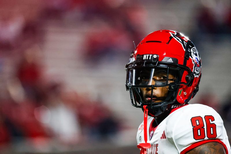 Oct 14, 2023; Durham, North Carolina, USA; North Carolina State Wolfpack wide receiver Dacari Collins (86) before the first half of the game against Duke Blue Devils at Wallace Wade Stadium. Mandatory Credit: Jaylynn Nash-USA TODAY Sports