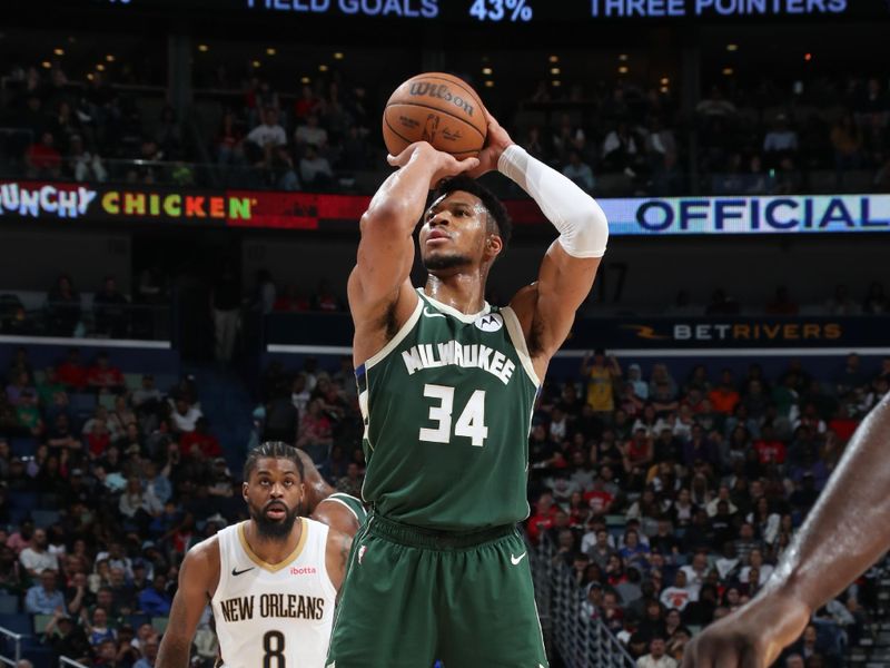 NEW ORLEANS, LA - MARCH 28: Giannis Antetokounmpo #34 of the Milwaukee Bucks shoots a free throw during the game on March 28, 2024 at the Smoothie King Center in New Orleans, Louisiana. NOTE TO USER: User expressly acknowledges and agrees that, by downloading and or using this Photograph, user is consenting to the terms and conditions of the Getty Images License Agreement. Mandatory Copyright Notice: Copyright 2024 NBAE (Photo by Layne Murdoch Jr./NBAE via Getty Images)