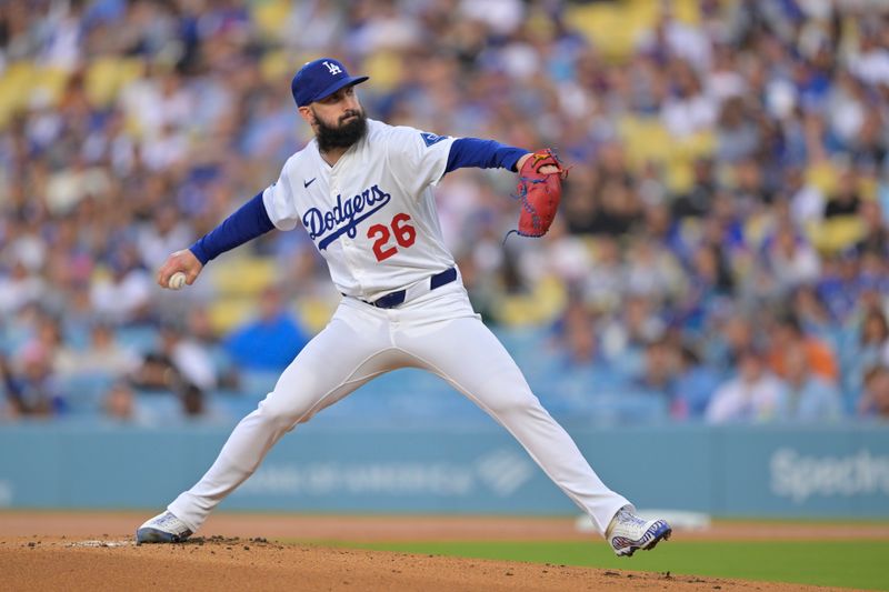 Jun 4, 2025; Los Angeles, California, USA; Los Angeles Dodgers pitcher Tony Gonsolin (26) delivers a pitch during the first inning against the New York Mets at Dodger Stadium. Mandatory Credit: Jayne Kamin-Oncea-Imagn Images