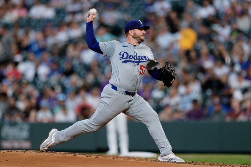 Sep 27, 2024; Denver, Colorado, USA; Los Angeles Dodgers starting pitcher Ryan Brasier (57) pitches in the first inning against the Colorado Rockies at Coors Field. Mandatory Credit: Isaiah J. Downing-Imagn Images