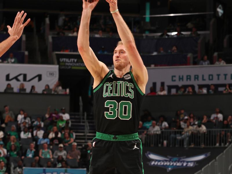 CHARLOTTE, NC - APRIL 1: Sam Hauser #30 of the Boston Celtics three point basket during the game against the Charlotte Hornets on April 1, 2024 at Spectrum Center in Charlotte, North Carolina. NOTE TO USER: User expressly acknowledges and agrees that, by downloading and or using this photograph, User is consenting to the terms and conditions of the Getty Images License Agreement. Mandatory Copyright Notice: Copyright 2024 NBAE (Photo by Kent Smith/NBAE via Getty Images)