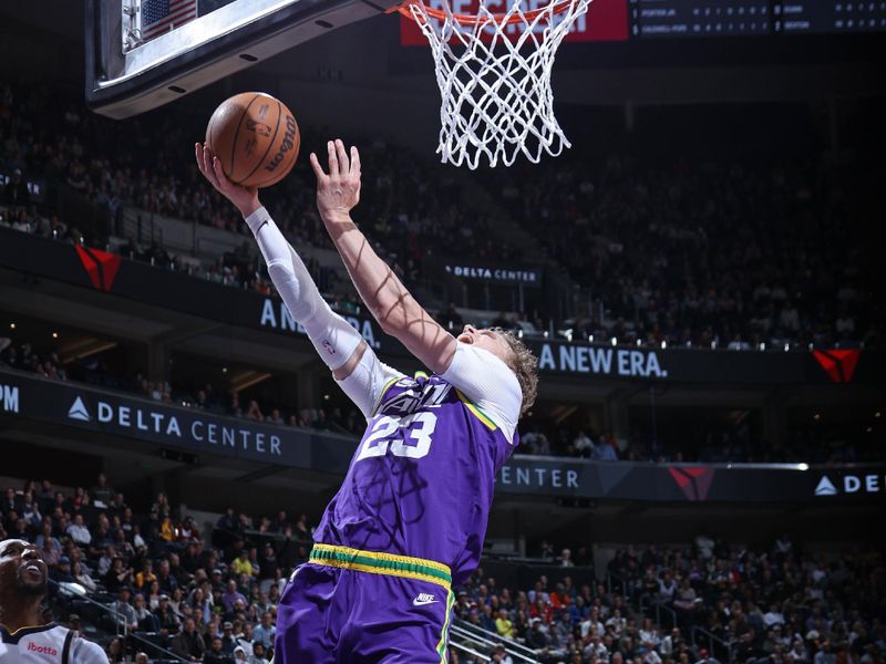 SALT LAKE CITY, UT - JANUARY 10: Lauri Markkanen #23 of the Utah Jazz drives to the basket during the game against the Denver Nuggets on January 10, 2024 at Delta Center in Salt Lake City, Utah. NOTE TO USER: User expressly acknowledges and agrees that, by downloading and or using this Photograph, User is consenting to the terms and conditions of the Getty Images License Agreement. Mandatory Copyright Notice: Copyright 2024 NBAE (Photo by Melissa Majchrzak/NBAE via Getty Images)