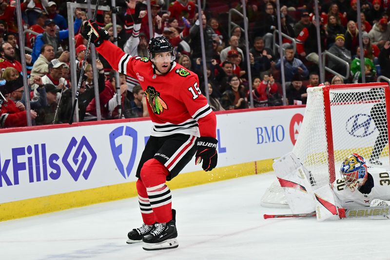 Nov 21, 2024; Chicago, Illinois, USA; Chicago Blackhawks center Craig Smith (15) celebrates his goal against the Florida Panthers during the second period at the United Center. Mandatory Credit: Daniel Bartel-Imagn Images