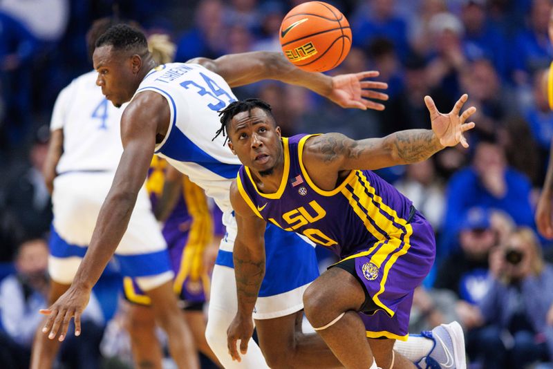 Jan 3, 2023; Lexington, Kentucky, USA; LSU Tigers guard Trae Hannibal (0) chases down a loose ball during the first half against the Kentucky Wildcats at Rupp Arena at Central Bank Center. Mandatory Credit: Jordan Prather-USA TODAY Sports