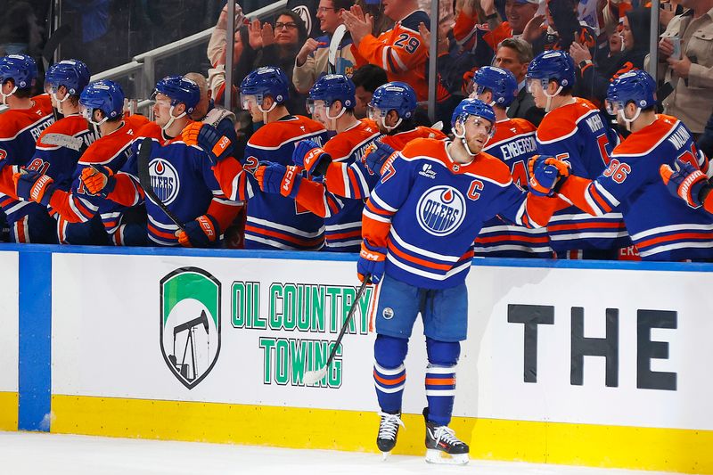 Apr 13, 2026; Edmonton, Alberta, CAN; The Edmonton Oilers celebrate a goal scored by forward Connor McDavid (97) during the second period against the Colorado Avalanche.Rogers Place. Mandatory Credit: Perry Nelson-Imagn Images Apr 13, 2026; Edmonton, Alberta, CAN; The Edmonton Oilers celebrate a goal scored by forward Connor McDavid (97) during the second period against the Colorado Avalanche.Rogers Place. Mandatory Credit: Perry Nelson-Imagn Images