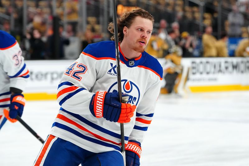 May 6, 2025; Las Vegas, Nevada, USA; Edmonton Oilers right wing Kasperi Kapanen (42) warms up before game one against the Vegas Golden Knights in the second round of the 2025 Stanley Cup Playoffs at T-Mobile Arena. Mandatory Credit: Stephen R. Sylvanie-Imagn Images