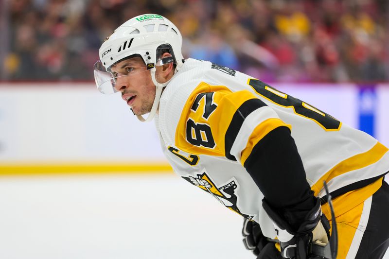 Dec 8, 2023; Sunrise, Florida, USA; Pittsburgh Penguins center Sidney Crosby (87) looks on against the Florida Panthers during the first period at Amerant Bank Arena. Mandatory Credit: Sam Navarro-USA TODAY Sports