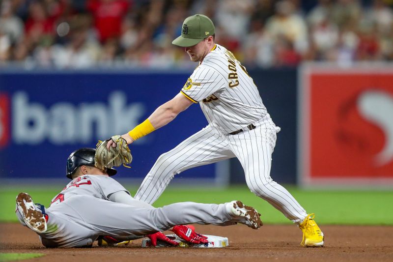 May 20, 2023; San Diego, California, USA;  Boston Red Sox shortstop Enrique Hernandez (5) slides into second base under the tag of San Diego Padres second baseman Jake Cronenworth (9) for a double in the fourth inning against the San Diego Padres at Petco Park. Mandatory Credit: David Frerker-USA TODAY Sports