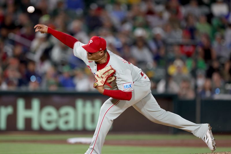 May 24, 2025; West Sacramento, California, USA; Philadelphia Phillies pitcher Carlos Hernandez (35) throws a pitch against the Athletics during sixth inning  at Sutter Health Park. Mandatory Credit: Dennis Lee-Imagn Images