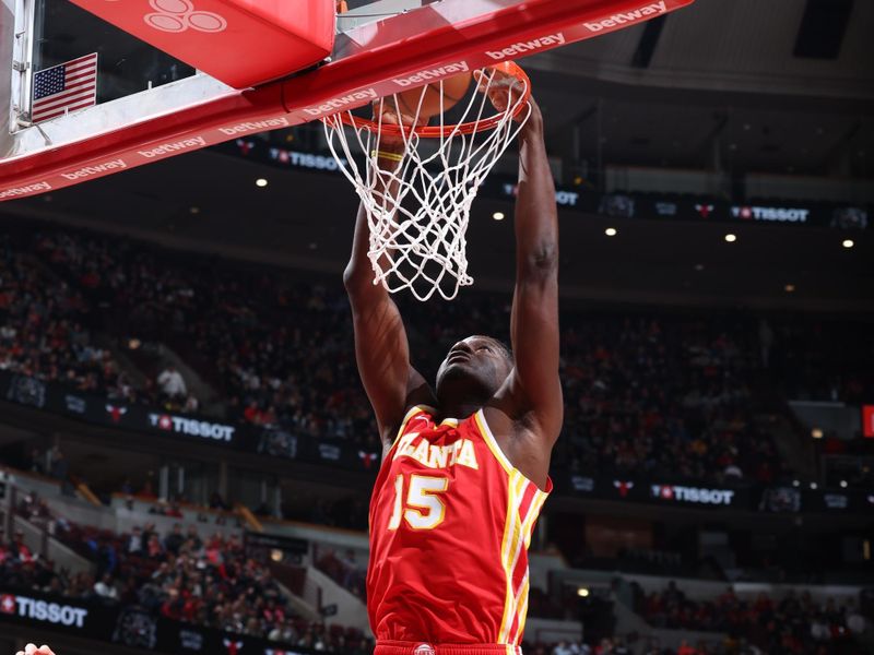 CHICAGO, IL - APRIL 1: Clint Capela #15 of the Atlanta Hawks dunks the ball during the game against the Chicago Bulls on April 1, 2024 at United Center in Chicago, Illinois. NOTE TO USER: User expressly acknowledges and agrees that, by downloading and or using this photograph, User is consenting to the terms and conditions of the Getty Images License Agreement. Mandatory Copyright Notice: Copyright 2024 NBAE (Photo by Jeff Haynes/NBAE via Getty Images)