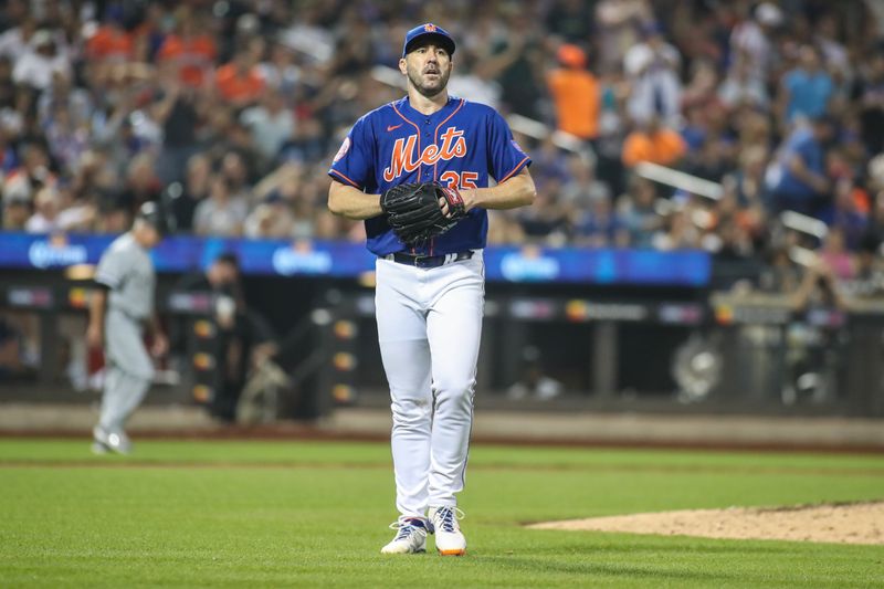 Jul 19, 2023; New York City, New York, USA;  New York Mets starting pitcher Justin Verlander (35) walks off the mound after the last out in the seventh inning against the Chicago White Sox at Citi Field. Mandatory Credit: Wendell Cruz-USA TODAY Sports