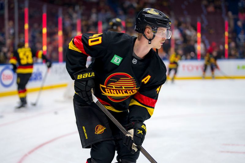 Nov 9, 2024; Vancouver, British Columbia, CAN; Vancouver Canucks forward Elias Pettersson (40) handles the puck  during warm up prior to a game against the Edmonton Oilers at Rogers Arena. Mandatory Credit: Bob Frid-Imagn Images