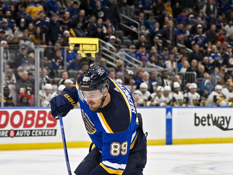 Dec 6, 2023; St. Louis, Missouri, USA;  St. Louis Blues left wing Pavel Buchnevich (89) shoots against the Vegas Golden Knights during the second period at Enterprise Center. Mandatory Credit: Jeff Curry-USA TODAY Sports